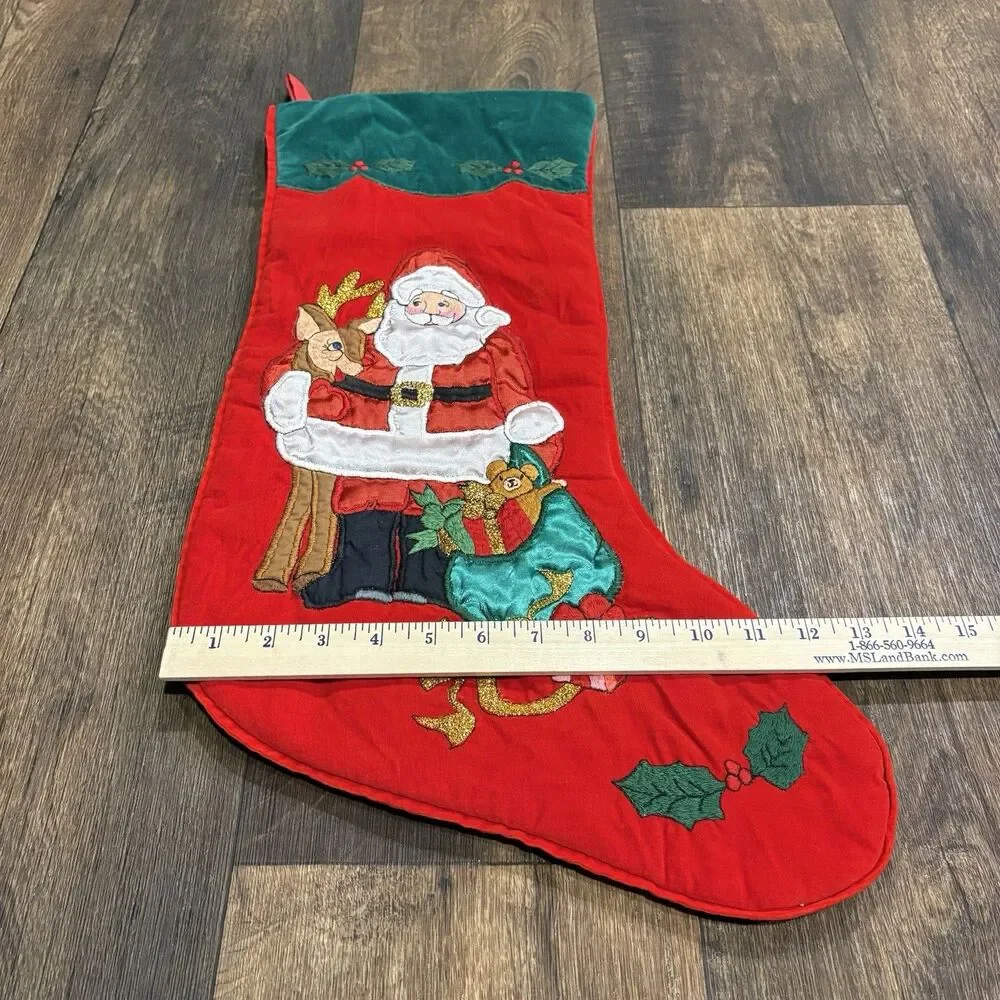 L'art de Chine Embroidered Santa Reindeer Christmas Stocking Red Green 23